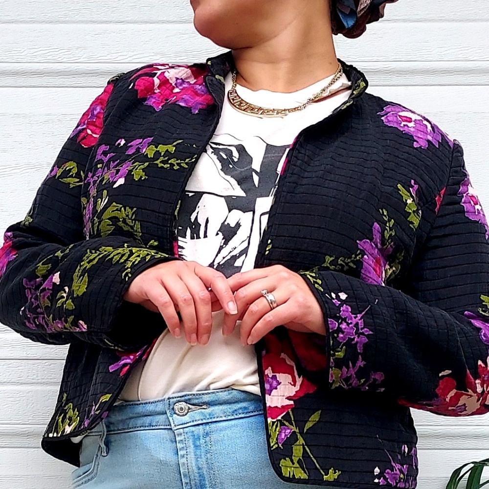 Nexx Black Purple Silk Bomber Jacket with Floral Design - Picture 6 of 8